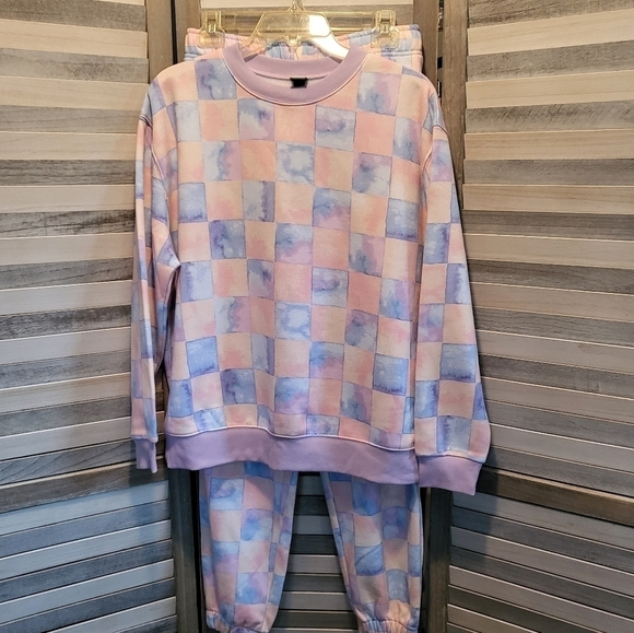 Blue checkered print fleece oversized sweatshirt & sweatpants | Wild Fab… - Picture 2 of 16